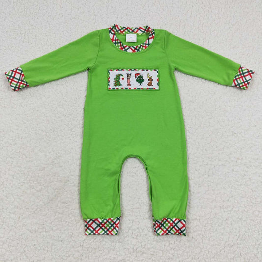 LR0325 Cute Clothes Boys Christmas Embroidery Plaid Green Long Sleeve Onesie