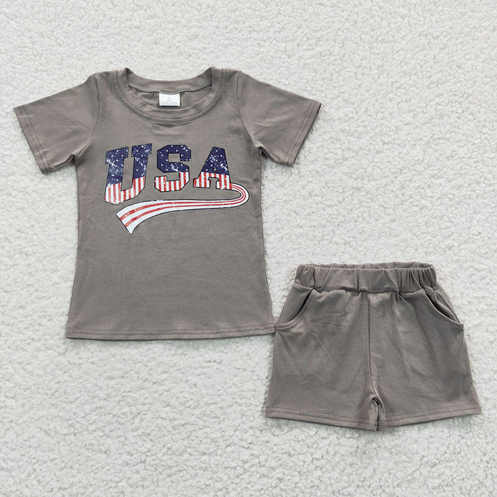 RTS Baby Kids USA 4th of July Grey Sibling Rompers Shorts Sets