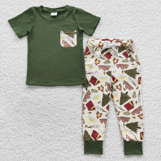 RTS NO MOQ BSPO0127 Camping Adventure Torch Tree Tent Short Sleeve Trousers Set