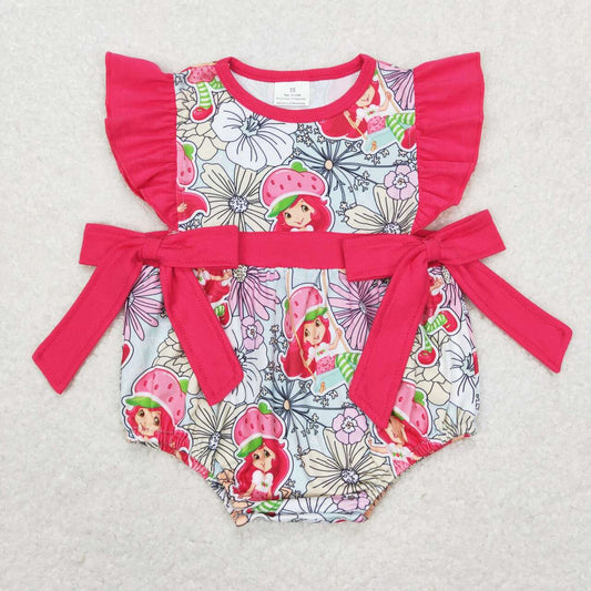 Cute Clothes SR0726 Baby Infant Girls Red Strawberry Bows Flutter Sleeve Rompers