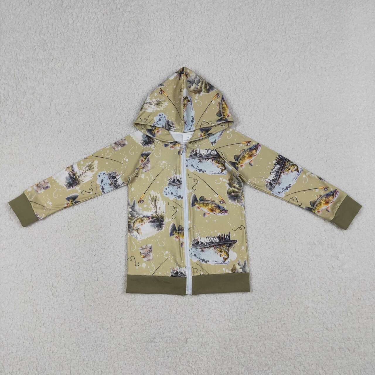 RTS NO MOQ BT0346 Baby Boys Green Long Sleeve Zip Hoodie Jacket Top Fishing Hunting Casual Outfit for Kids
