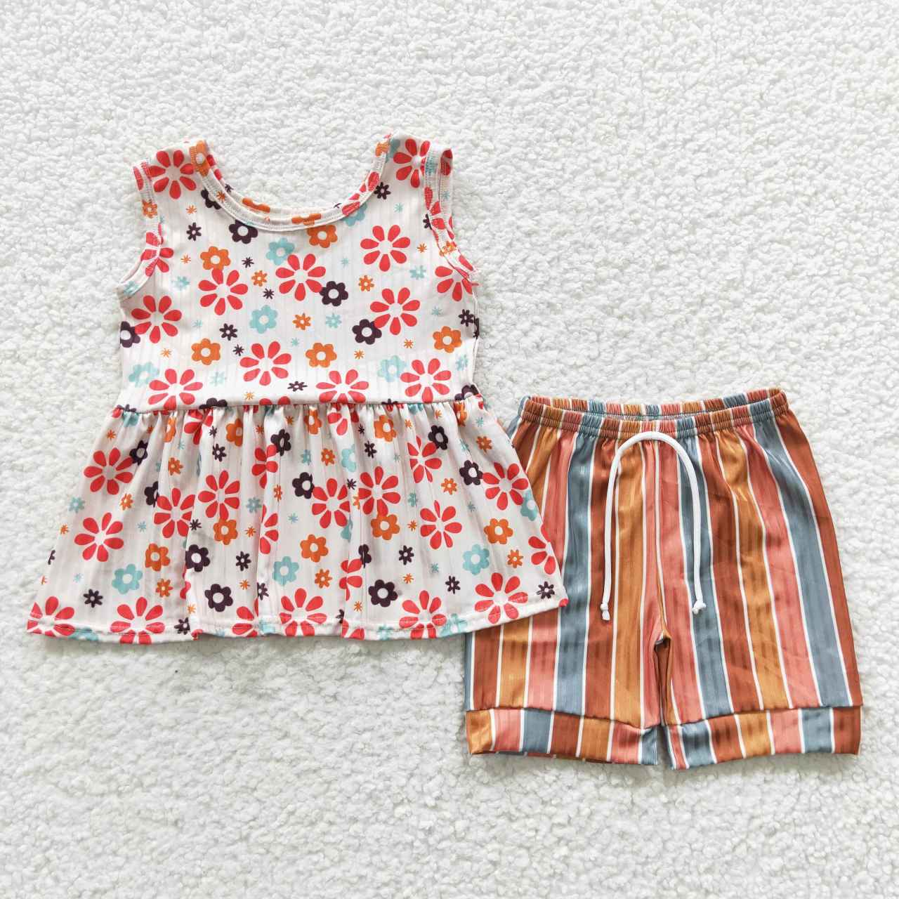 GSSO0339 Ribbed Floral Beige Sleeveless Top Colorful Striped Shorts Set