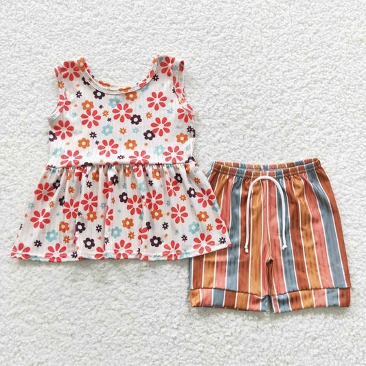 GSSO0339 Ribbed Floral Beige Sleeveless Top Colorful Striped Shorts Set