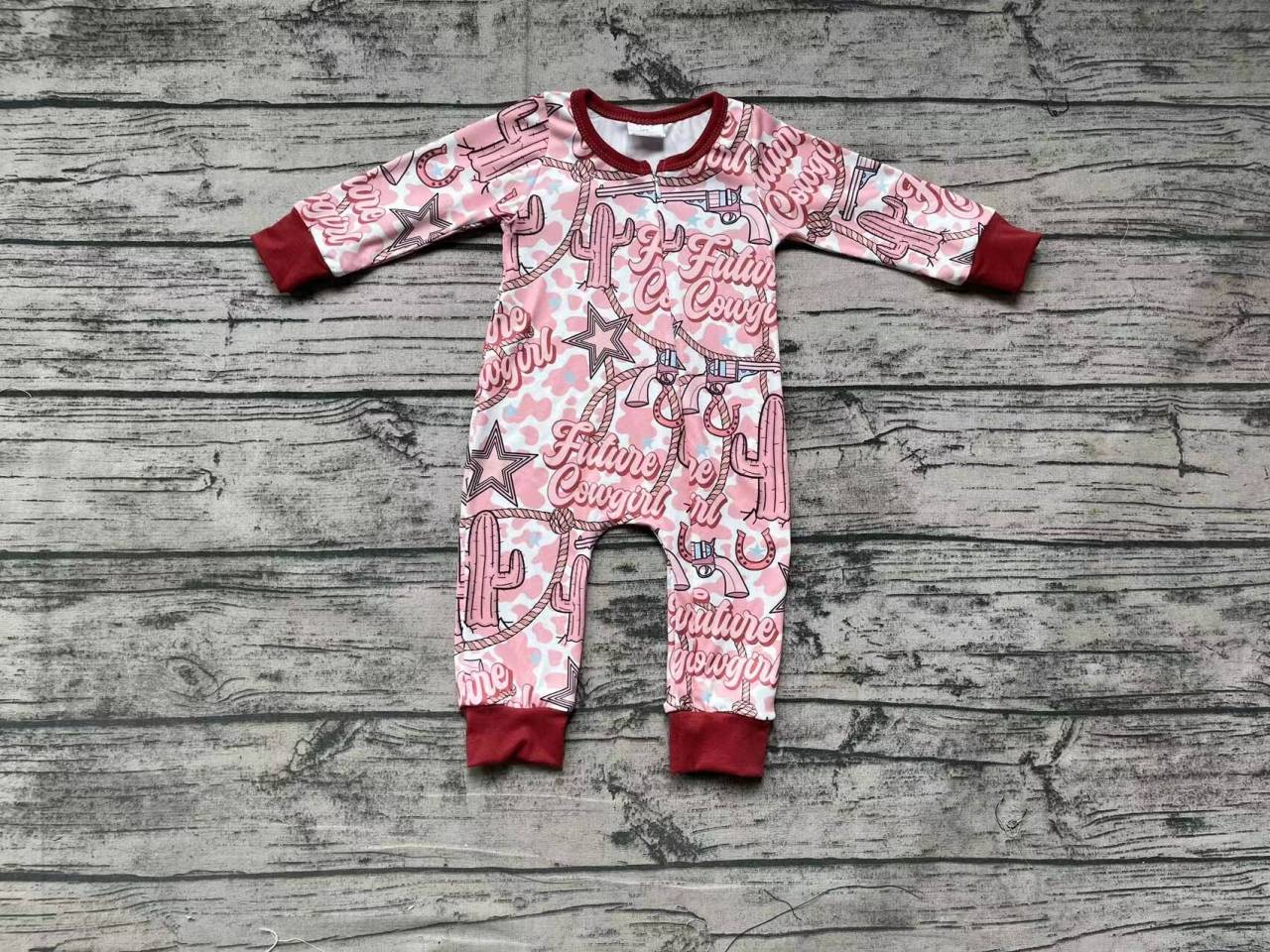 future cowgirl cactus star pink zipper long-sleeved jumpsuit