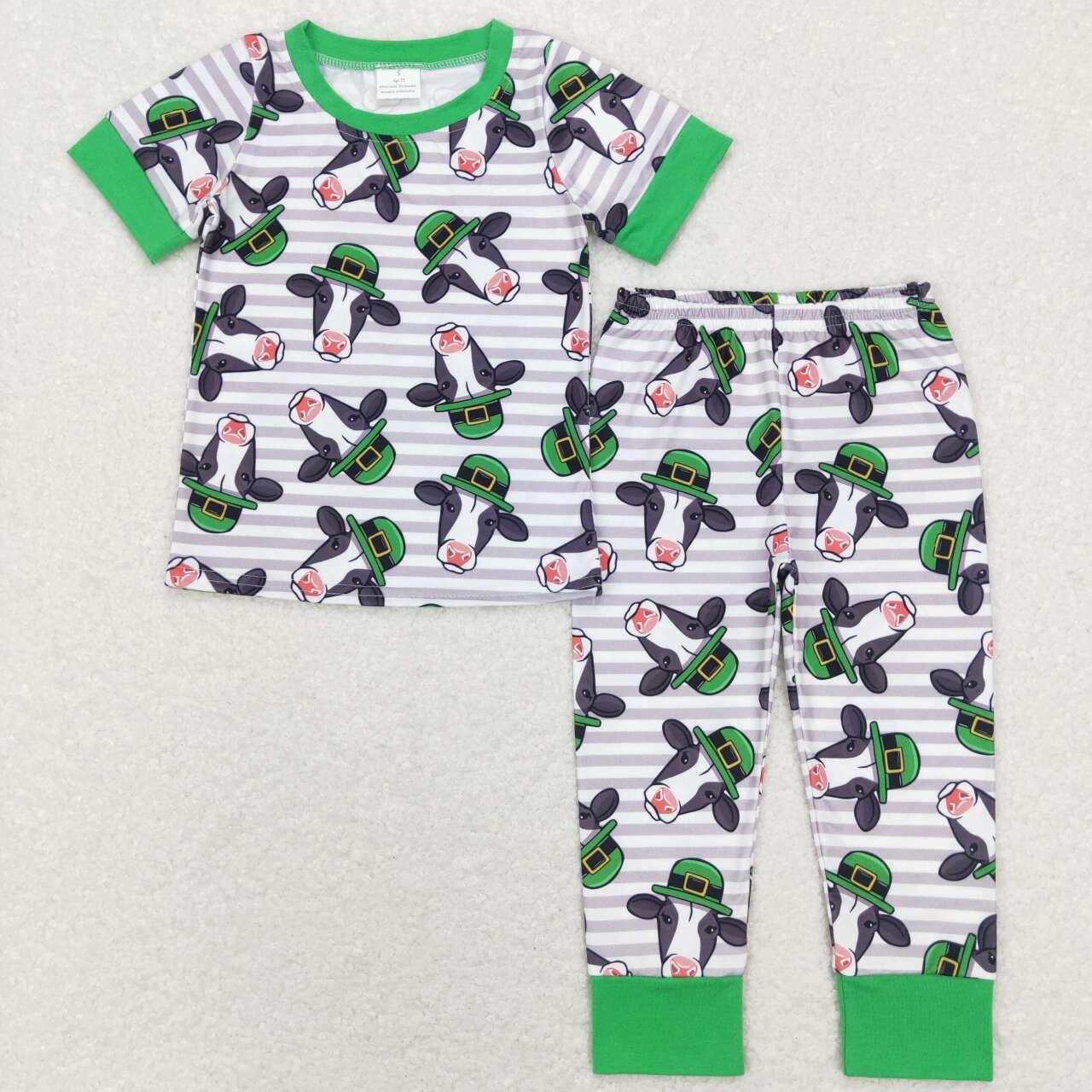 RTS NO MOQ（In Stock) St. Patrick's Day Hat Cow Stripe Green Short Sleeve Pants Suit