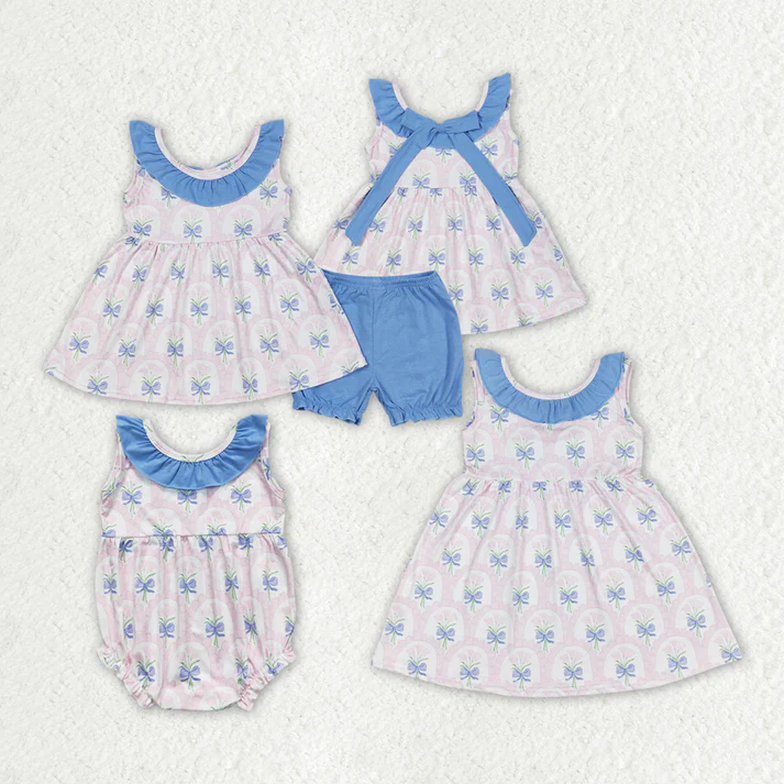 RTS Baby Girls Pink Flowers Bunches Sibling Rompers Clothes Sets Flower girl match