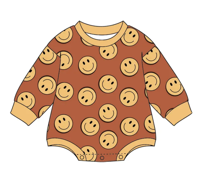 Custom moq 3 eta 7/8week moq 5 eta /4/5week  Brown long-sleeved short romper with yellow smiley face pattern