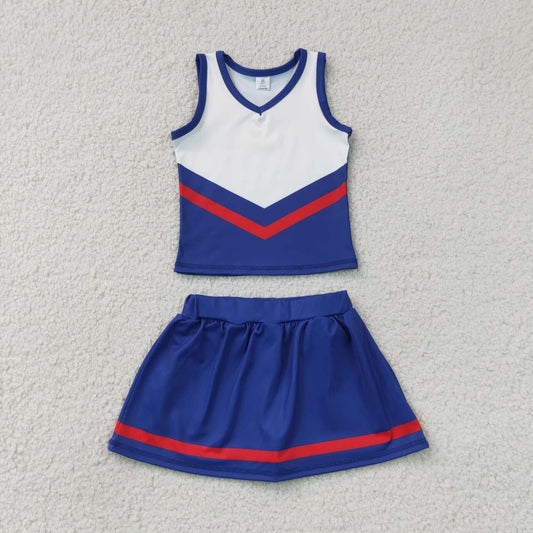 RTS NO MOQ yoga fabric GSD4202 Baby Girls Fashion Navy Red Stripe Vest Skort Team Yoga Active Outfit