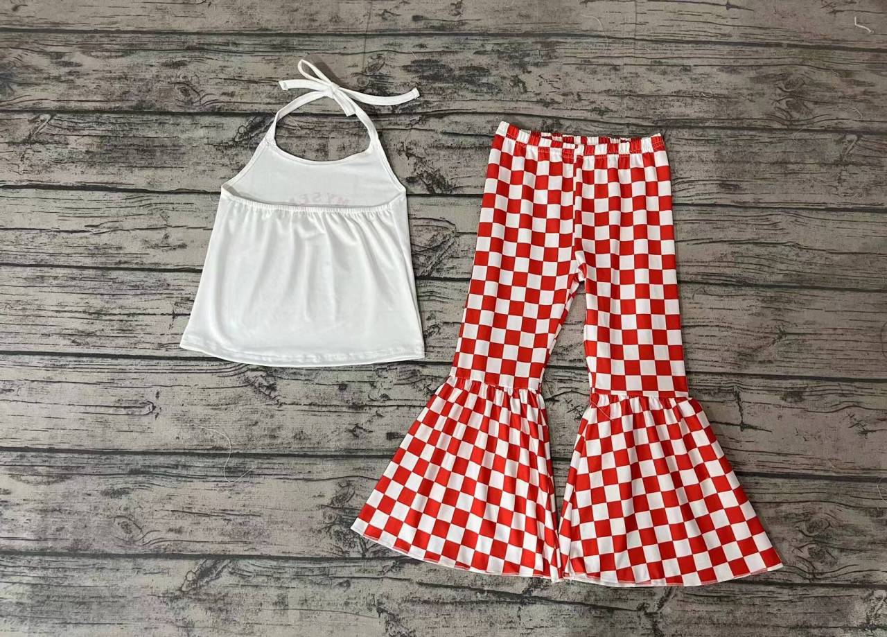 Letter flower halter top red and white plaid trouser suit