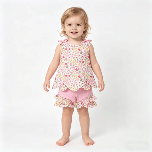 RTS NO MOQ Sibling Baby Girls Colorful Flowers Scallop Tunic Ruffle Shorts Outfit Set Cute Baby Girl Clothing Set