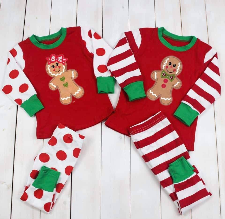 RTS NO MOQ Embroidery Embroidery Gingerbread Girls Boys Pajamas Cotton Nightgown Long Sleeves Long Pants