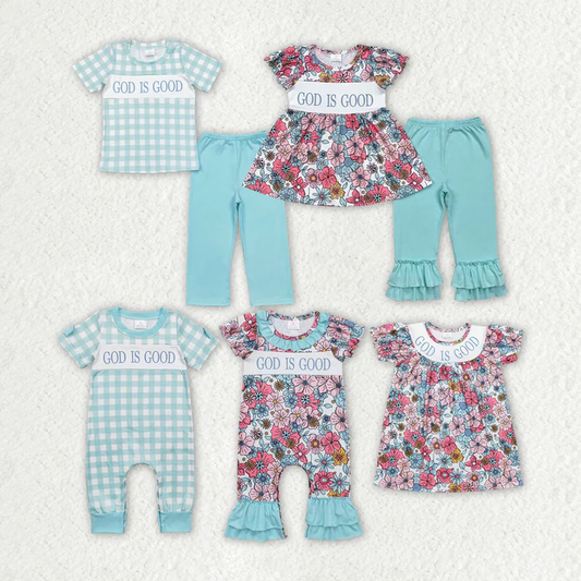 RTS NO MOQ Girls God Is Good Sibling Rompers Clothes Outfits Sets