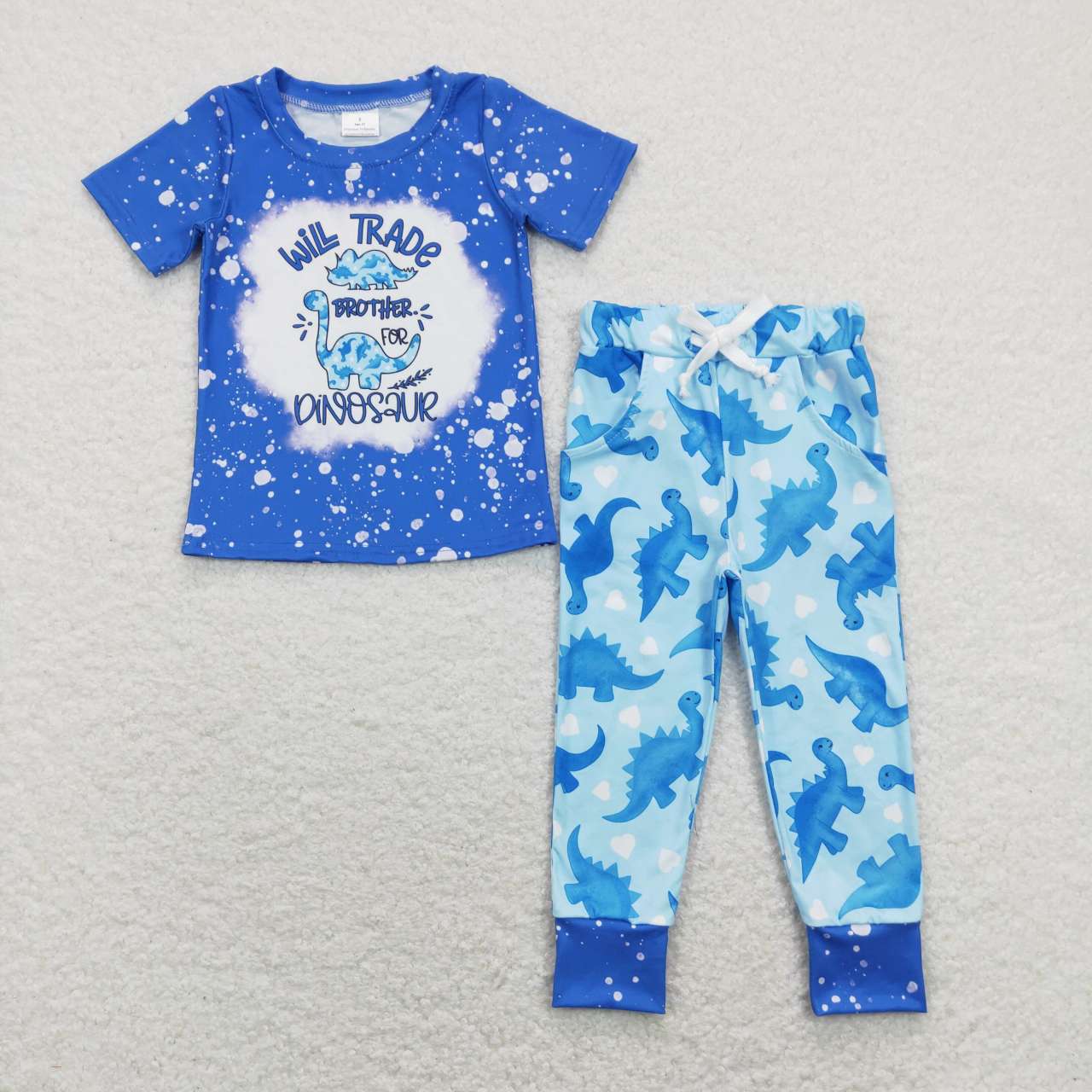 RTS NO MOQ（In Stock) BSPO0277 Alphabet Dinosaur Love Blue Short Sleeve Pants Suit