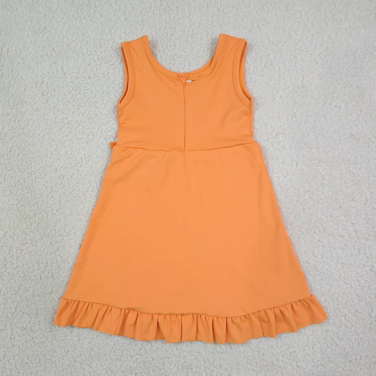 NEW RTS NO MOQ yoga fabric cotton GSD3767 Baby Girls Orange Sleeveless Scallop Trim Yoga Knee Length Dress