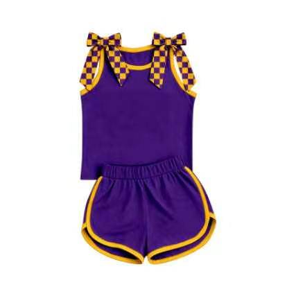 custom moq 5 mix size Baby Girls Purple Sleeveless Tank Top With Checkered Bows Shorts Summer Clothes Set