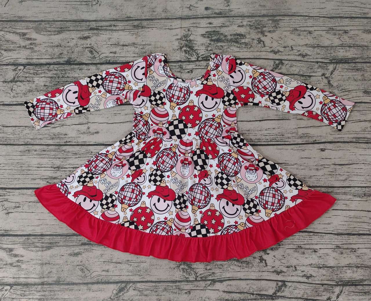 Santa Smiley Ball Red Lace Long Sleeve Dress