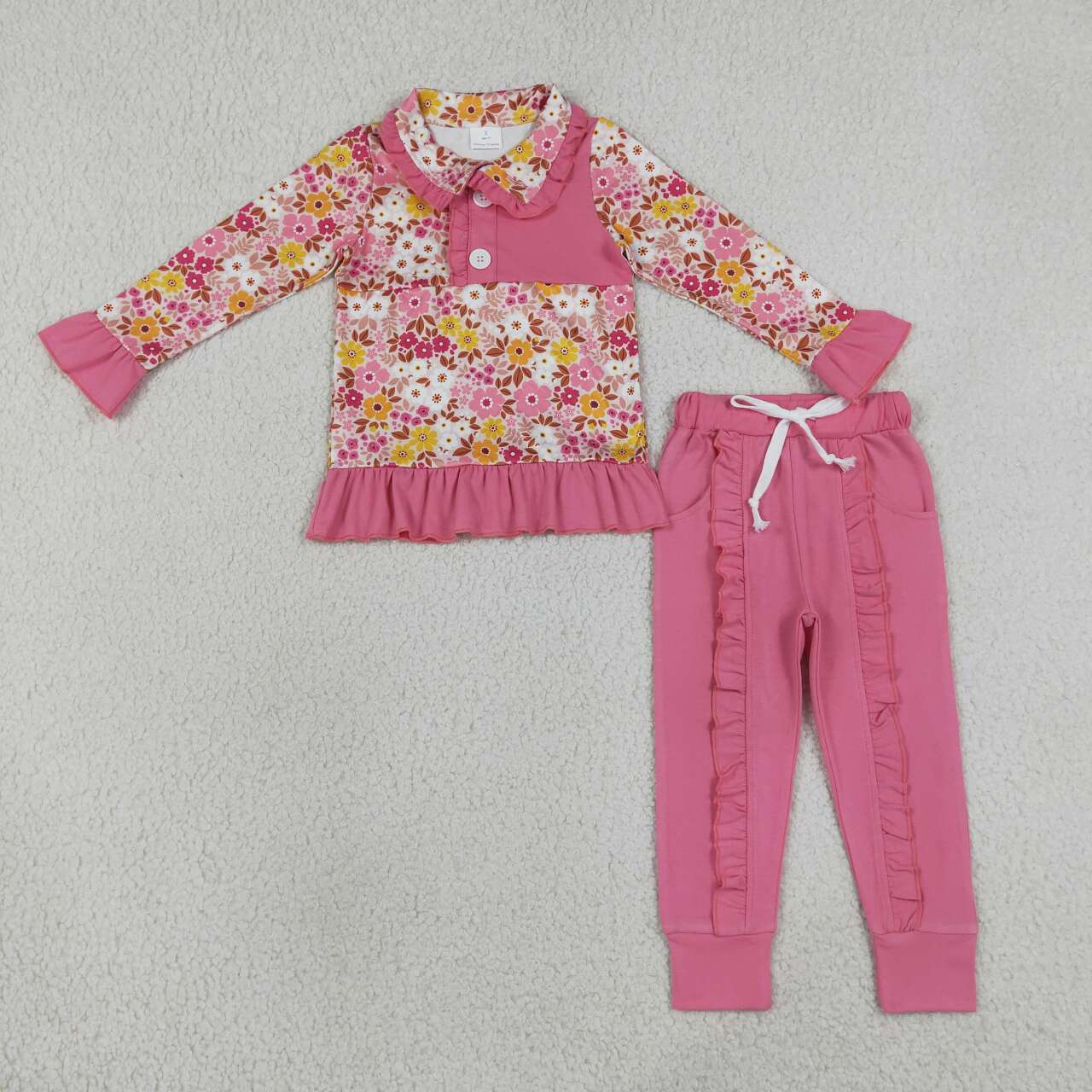 NEW RTS NO MOQ milk silk GLP3315 Baby Girls Colorful Floral Button Ruffle Pullover Jogger Pant Casual Outfit