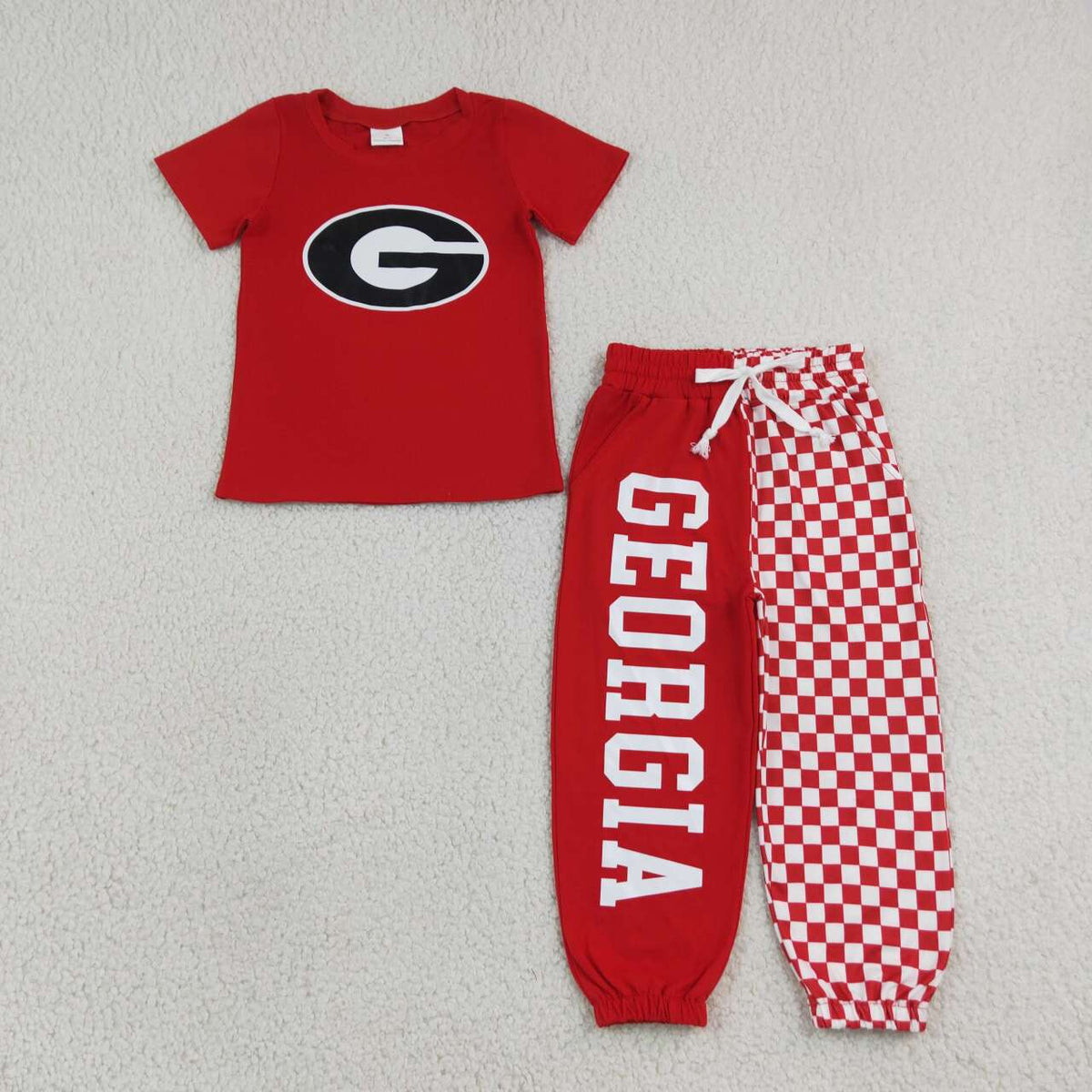 NEW RTS NO MOQ milk silk BSPO0700（BT1886+P1063）Baby Boys Red Print T Shirt Top With Pockets Matching Joggers Two Piece Team Clothes Set
