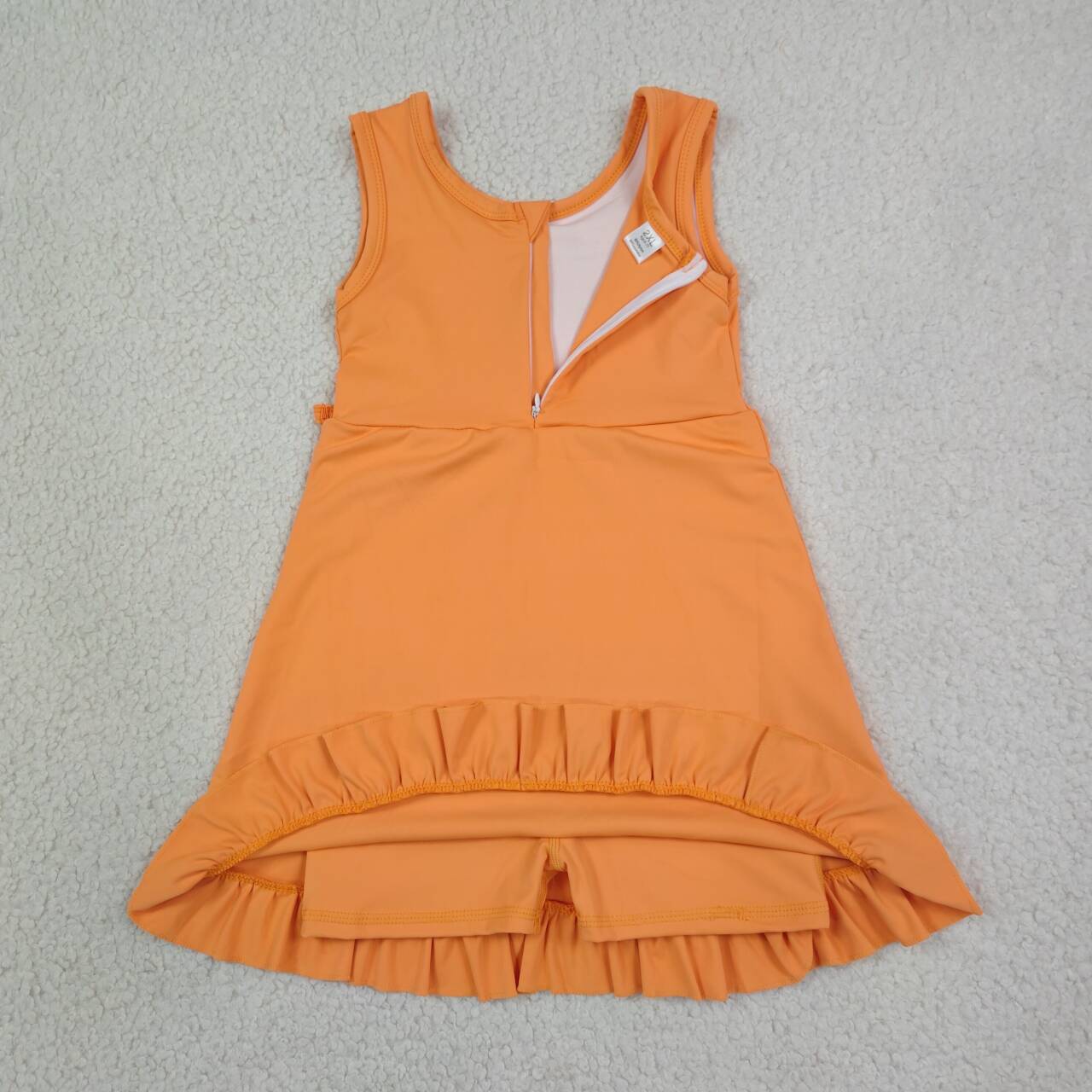 NEW RTS NO MOQ yoga fabric cotton GSD3767 Baby Girls Orange Sleeveless Scallop Trim Yoga Knee Length Dress
