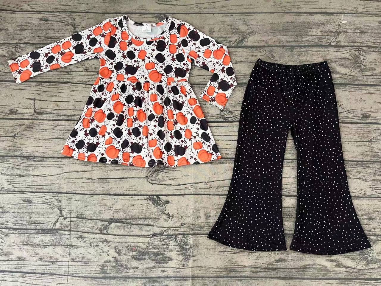 Pumpkin Leaf Long Sleeve White Dot Black Trouser Set