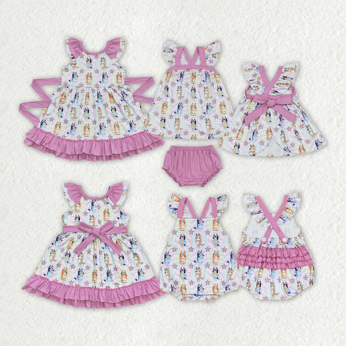 RTS Baby Girls Colorful Dogs Sibling Rompers Bummie Dresses pink color sets with romper match