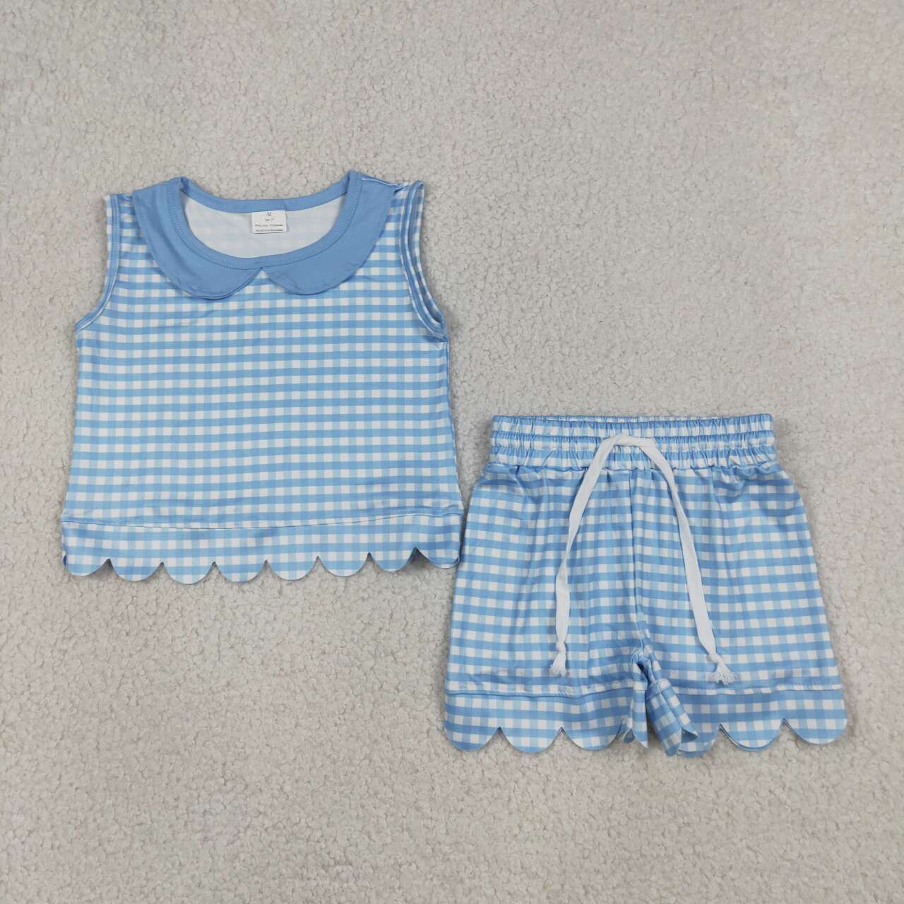RTS NO MOQ milk silk GSSO3397 Toddler Girls Blue Check Collar Sleeveless Top Scallop Hem Two Piece Set