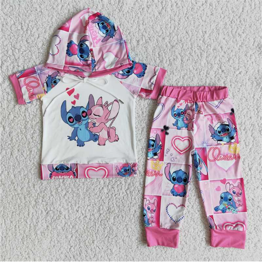 RTS NO MOQ（In Stock ) Valentine's Day Stitch Hoodie Short Sleeve Trousers Set