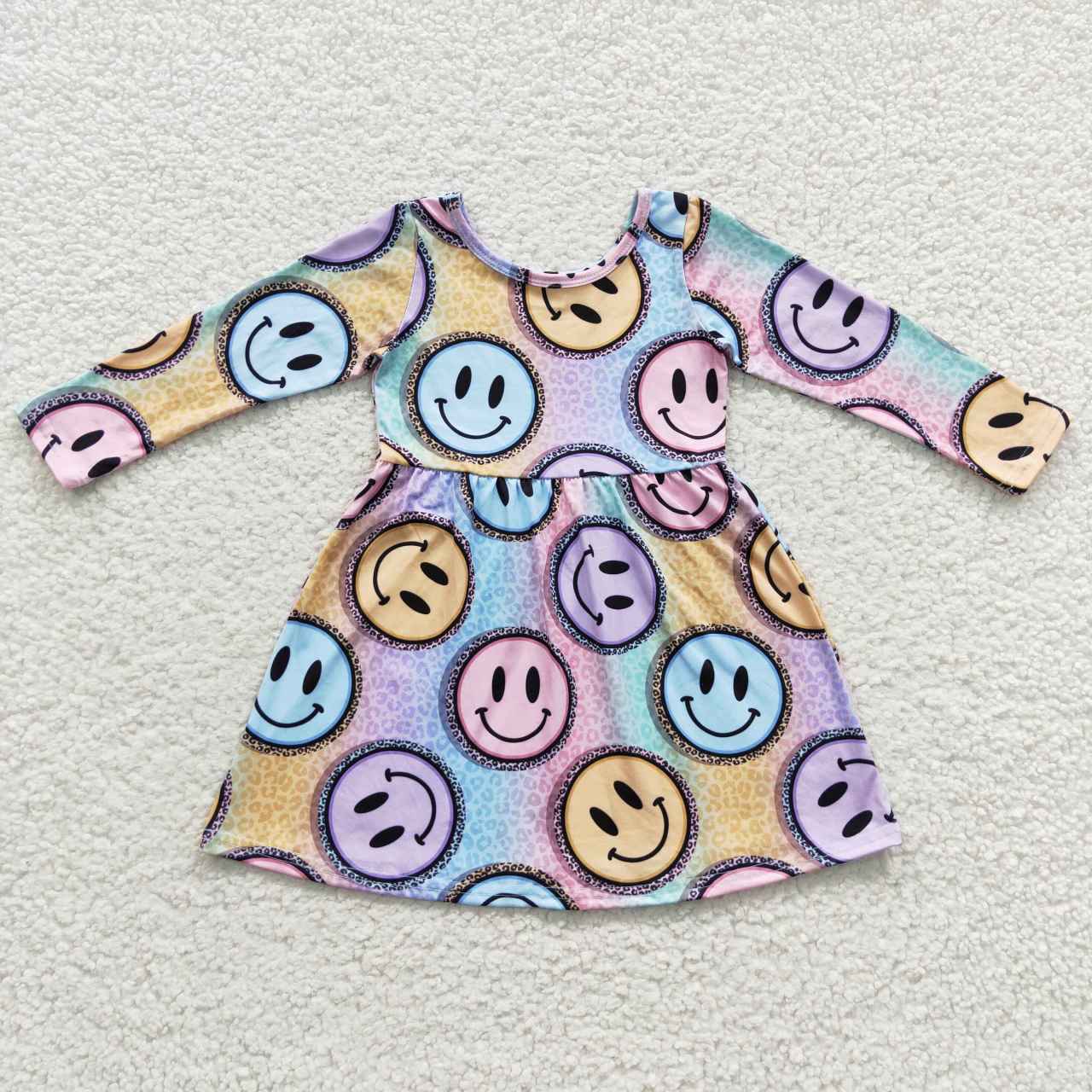 RTS NO MOQ（In Stock) GLD0200 Smiling Leopard Print Colorful Long Sleeve Dress