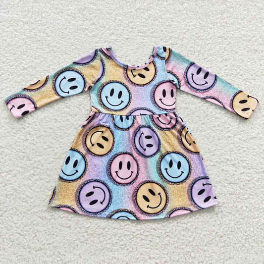RTS NO MOQ（In Stock) GLD0200 Smiling Leopard Print Colorful Long Sleeve Dress