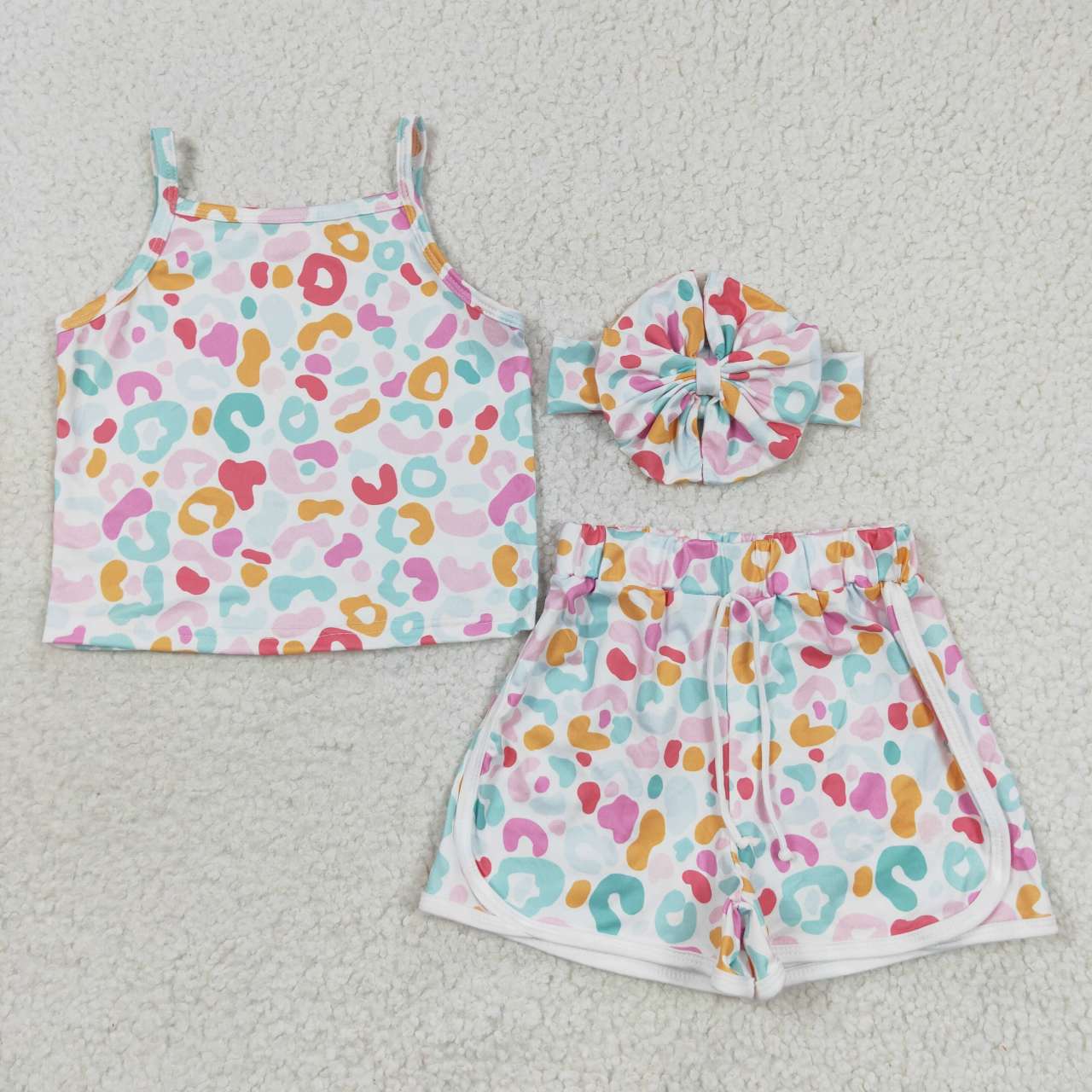 GSSO0342 Colorful Leopard Headband Sleeveless Shorts Set