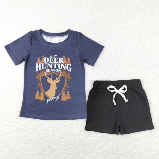 BT0439deer hunting letter hunting short sleeve +SS0137black pocket shorts suit