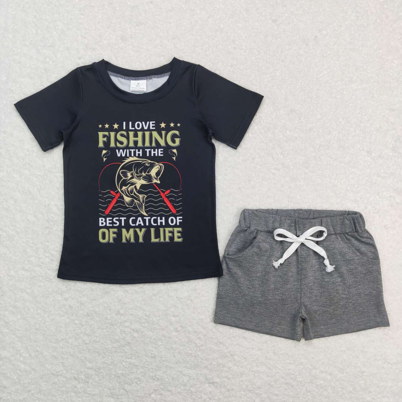 BT0414 fishing letter fishing short sleeve +SS0133 light gray pocket shorts suit