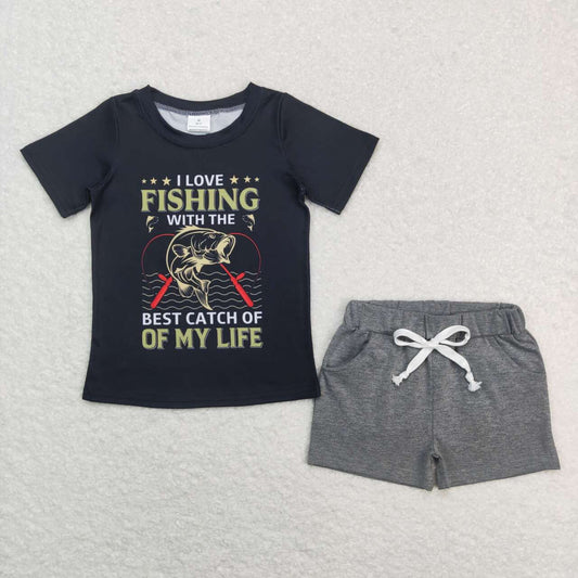 BT0414 fishing letter fishing short sleeve +SS0133 light gray pocket shorts suit
