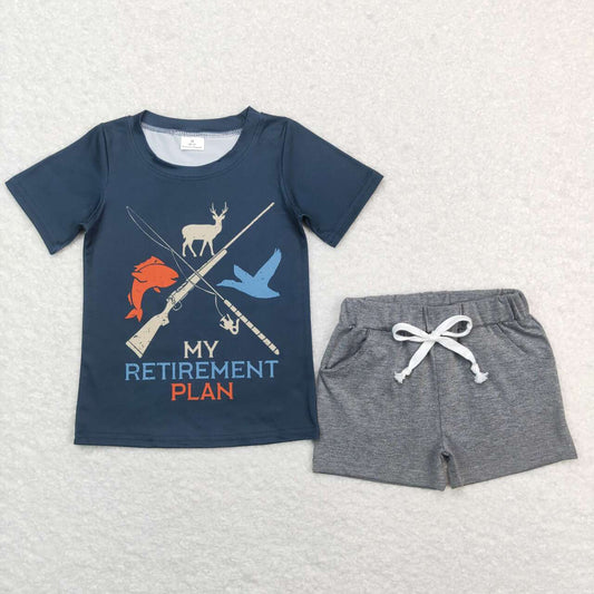 BT0416 retirement plan shotgun fishing dark green short sleeve+SS0133 light gray pocket shorts suit