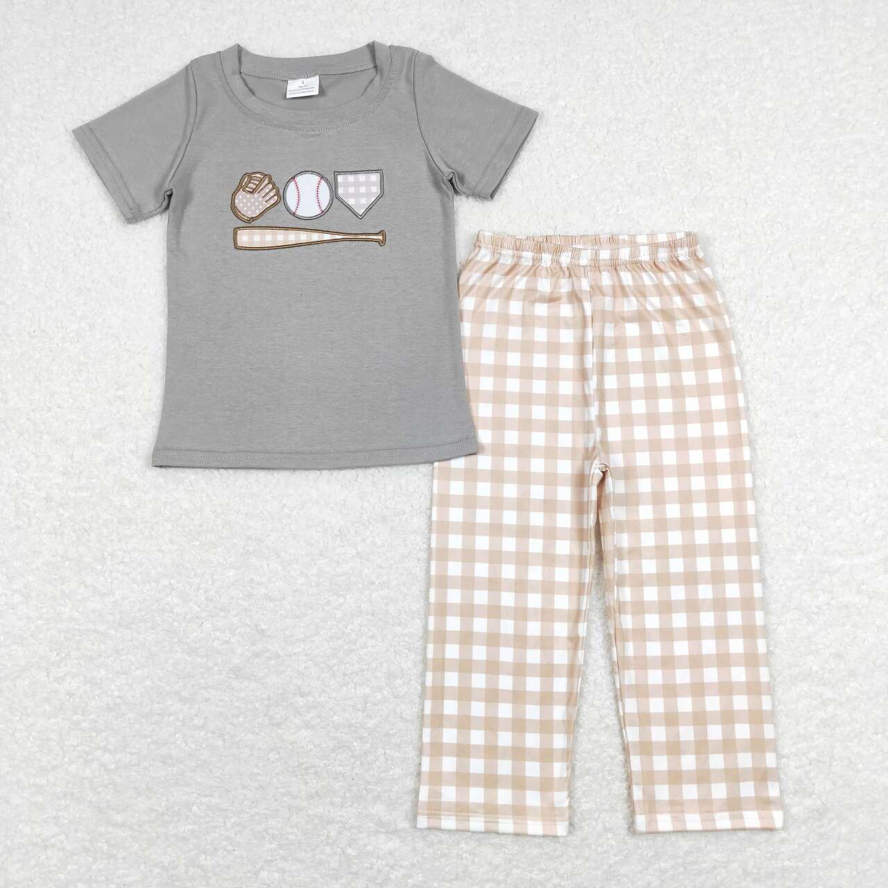 RTS NO MOQ（In Stock) Embroidered baseball gloves, gray short-sleeved brown and white plaid trousers suit