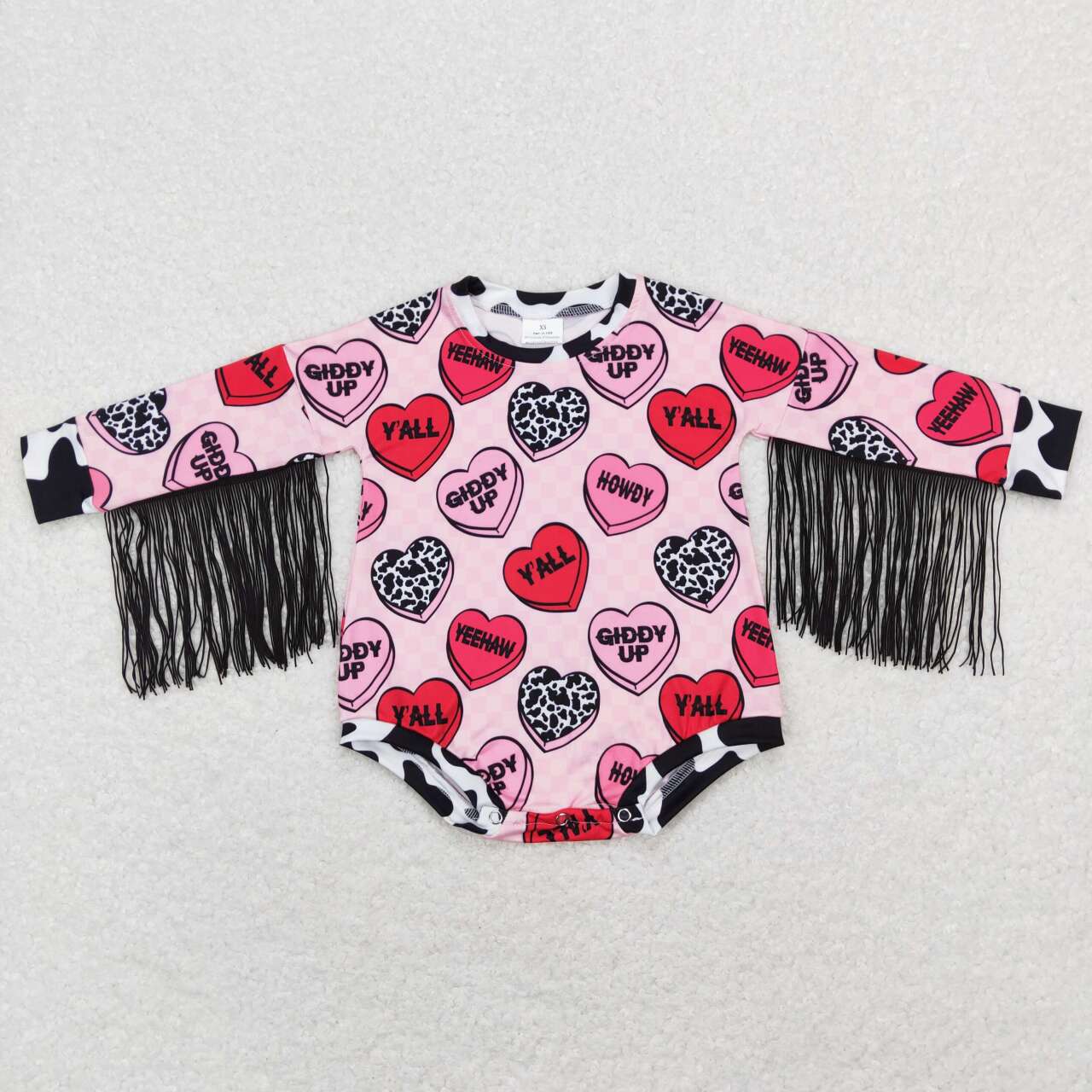 RTS NO MOQ（In Stock ) LR0815 howdy letter love pink plaid black tassel long-sleeved jumpsuit