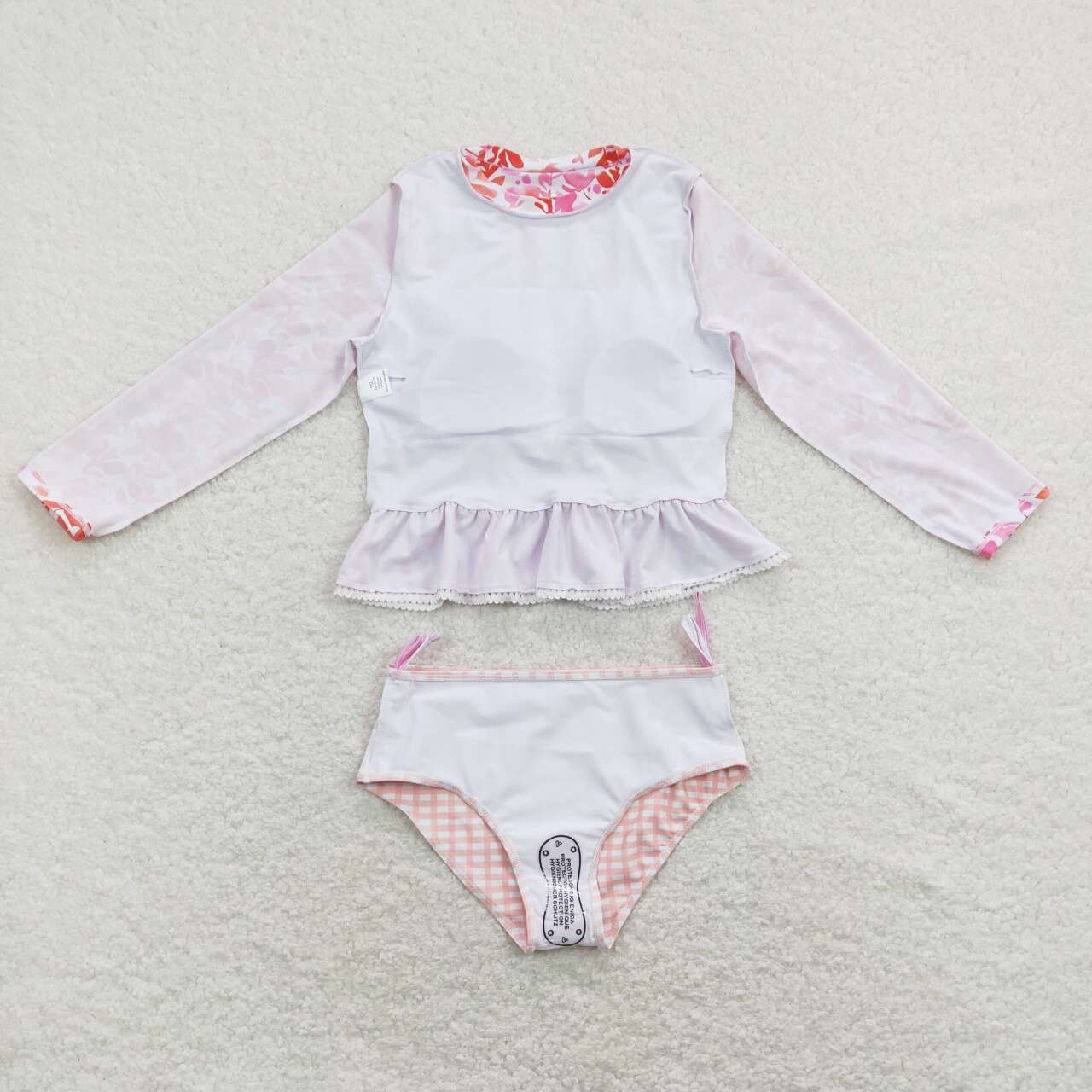 S0166 Floral pink and white striped plaid lace long-sleeved swimsuit set