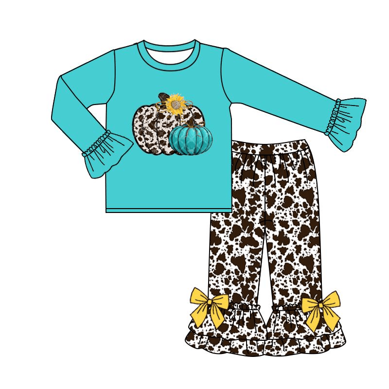 Ink pattern pumpkin teal long-sleeved trousers suit