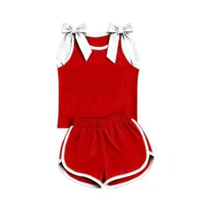 custom moq 5 mix size Baby Girls Red Sleeveless Tank Top With White Bows Shorts Summer Clothes Set