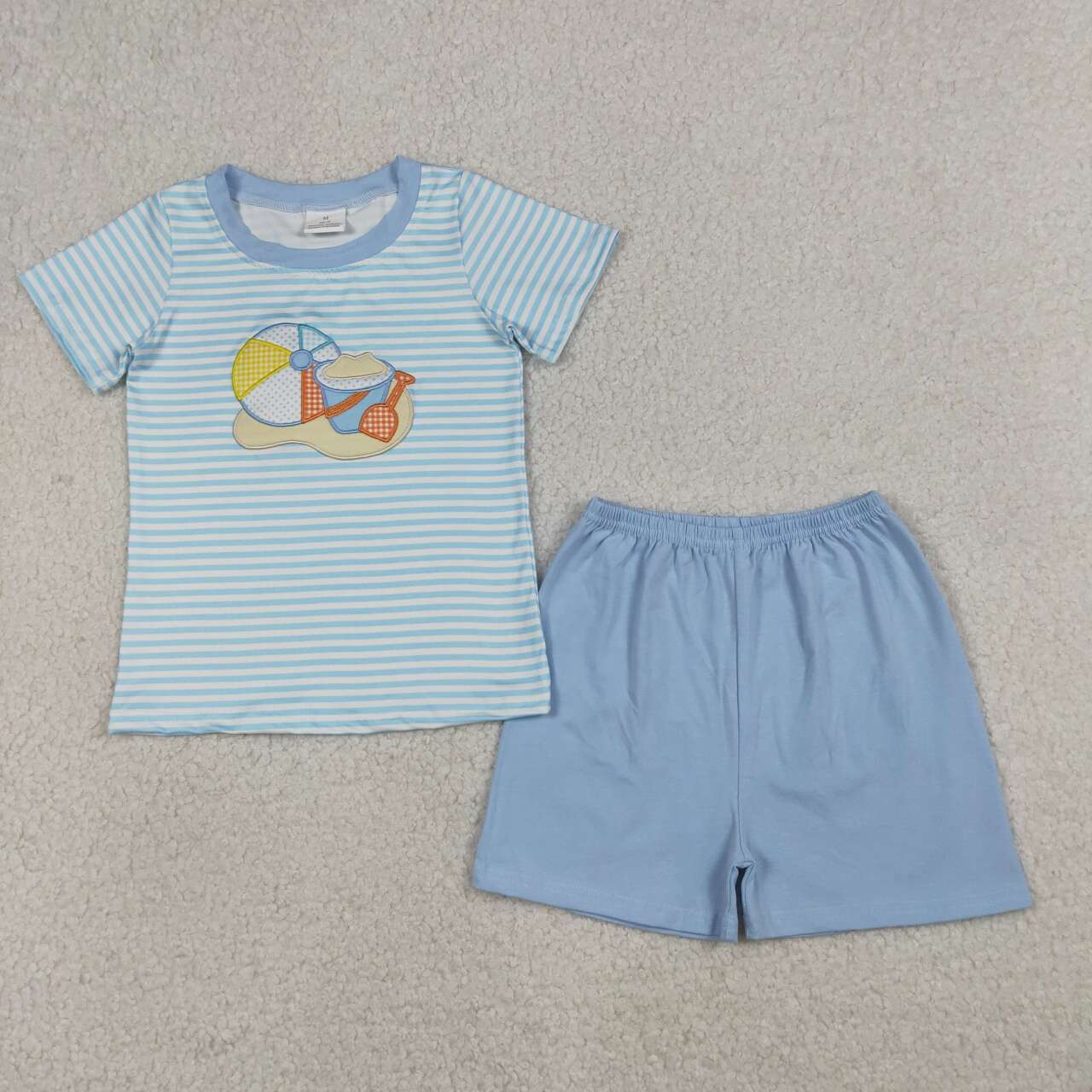 RTS NO MOQ BSSO1834 Embroidery Beach Baby Boys Blue Stripe Top And Shorts Outfit Set Baby Boy Clothing Set