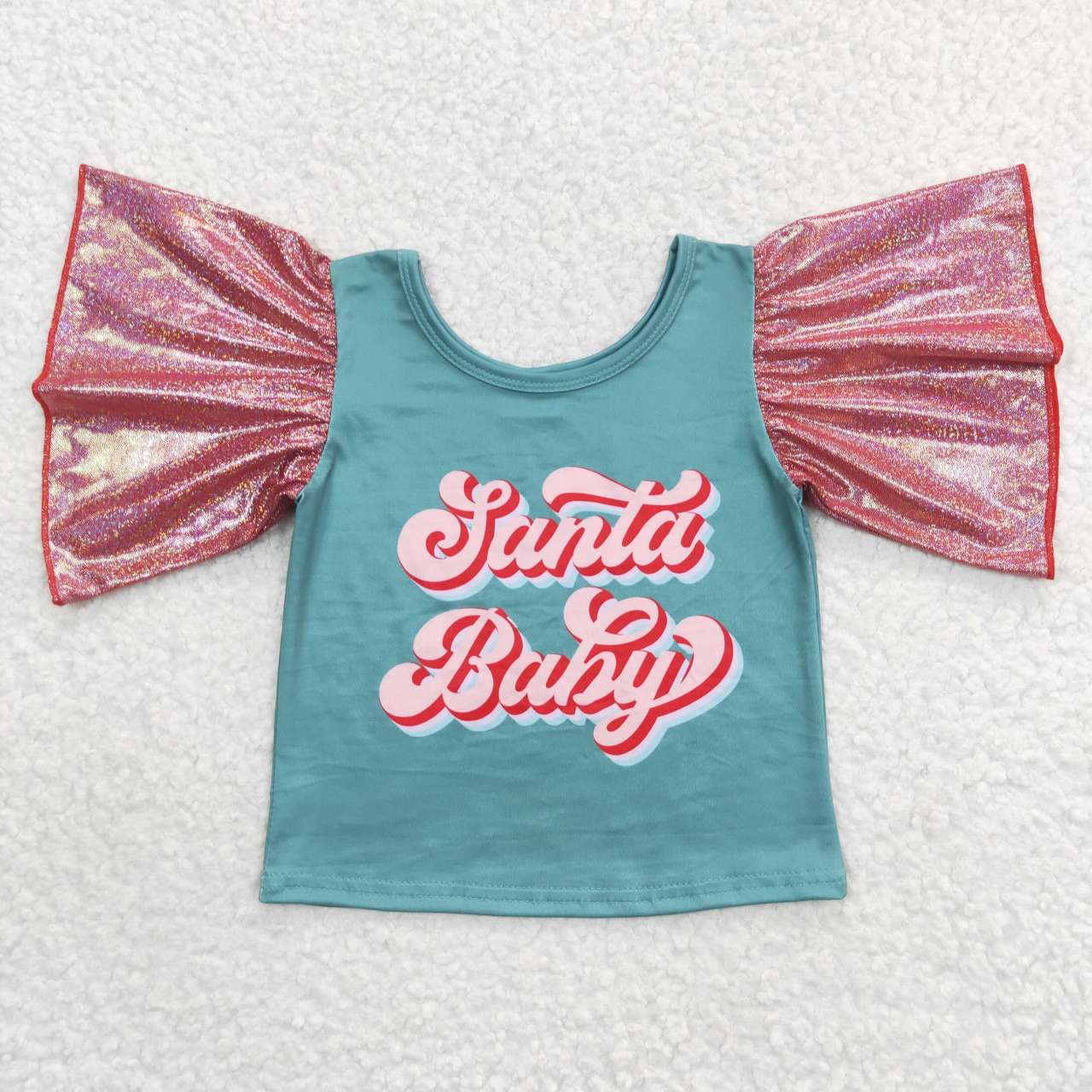 GT0286 santa baby brick red satin hot stamping bell sleeve green top