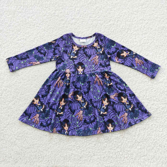 GLD0229 Wednesday Palm Flower Purple Long Sleeve Dress