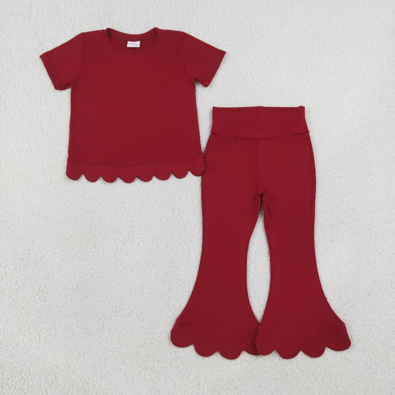 NEW RTS NO MOQ cotton GSPO2344（GT1774+P1082）Baby Girls Maroon Short Sleeve Shirts Top Flare Pant Scallop Sets
