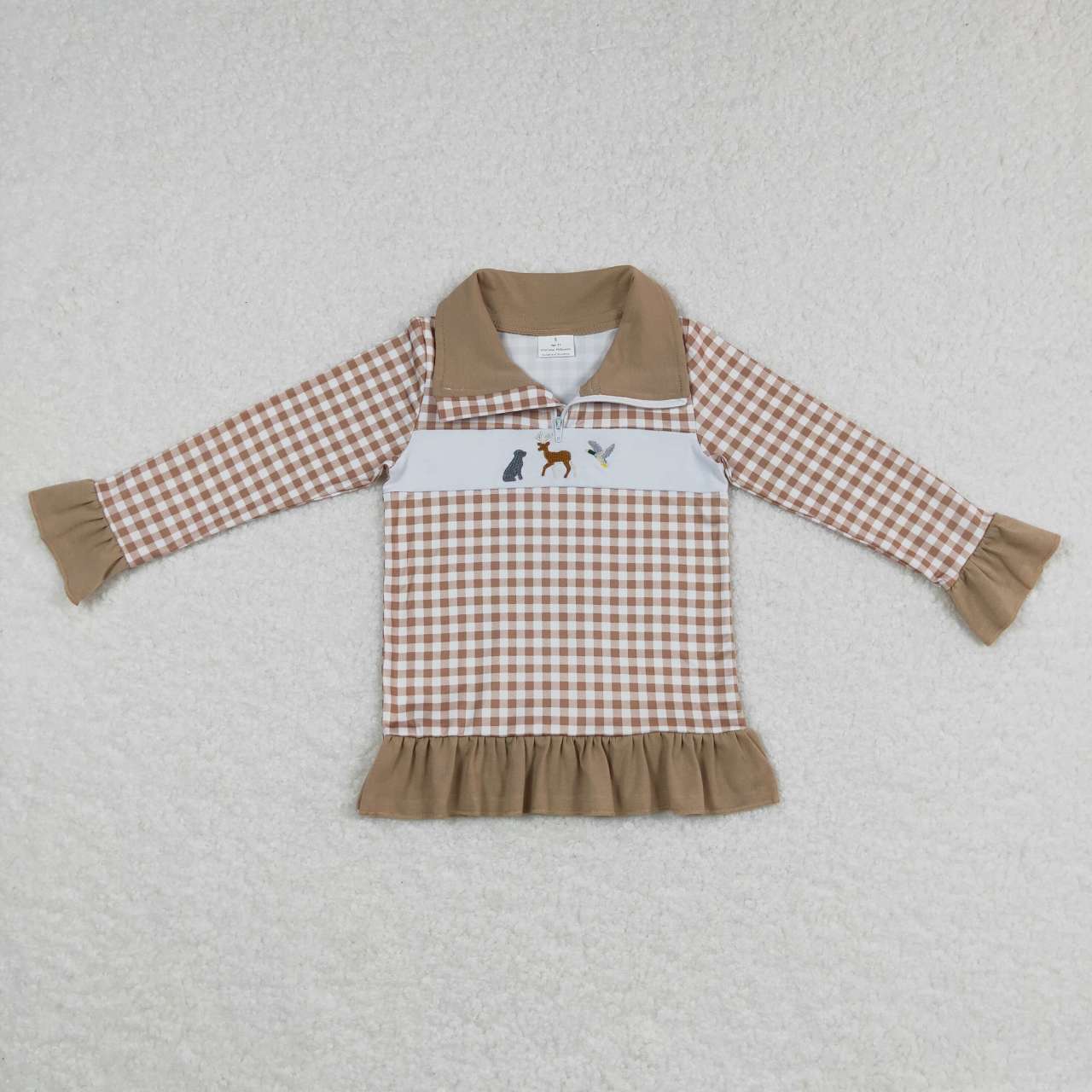 RTS NO MOQ（In Stock) GT0320 Embroidered Dog Elk Mallard Khaki Plaid Lace Zip Long Sleeve Top