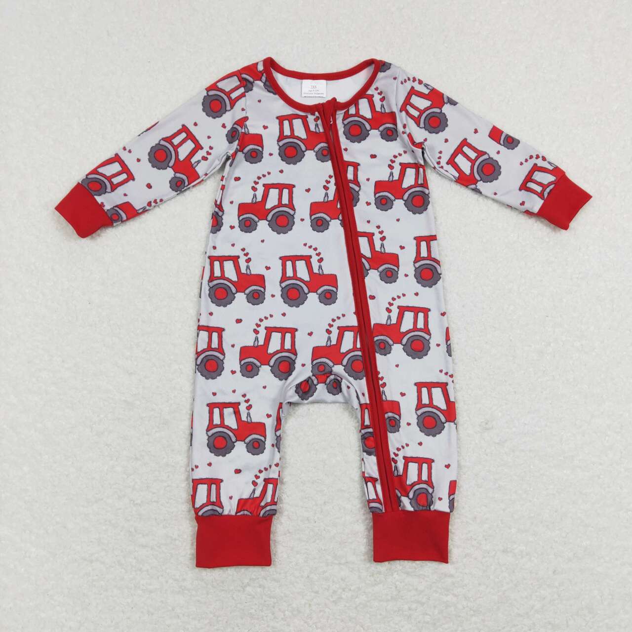 RTS NO MOQ（In Stock) Love tractor gray and red zipper long-sleeved jumpsuit