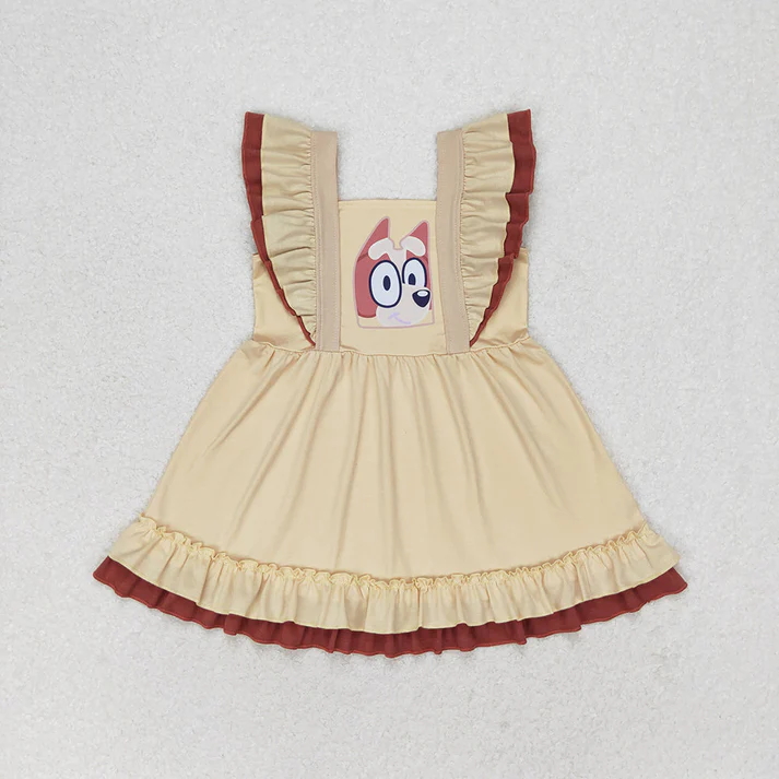 RTS NO MOQ Baby Girls Dogs Ruffles Sibling Sister Knee Length Dresses
