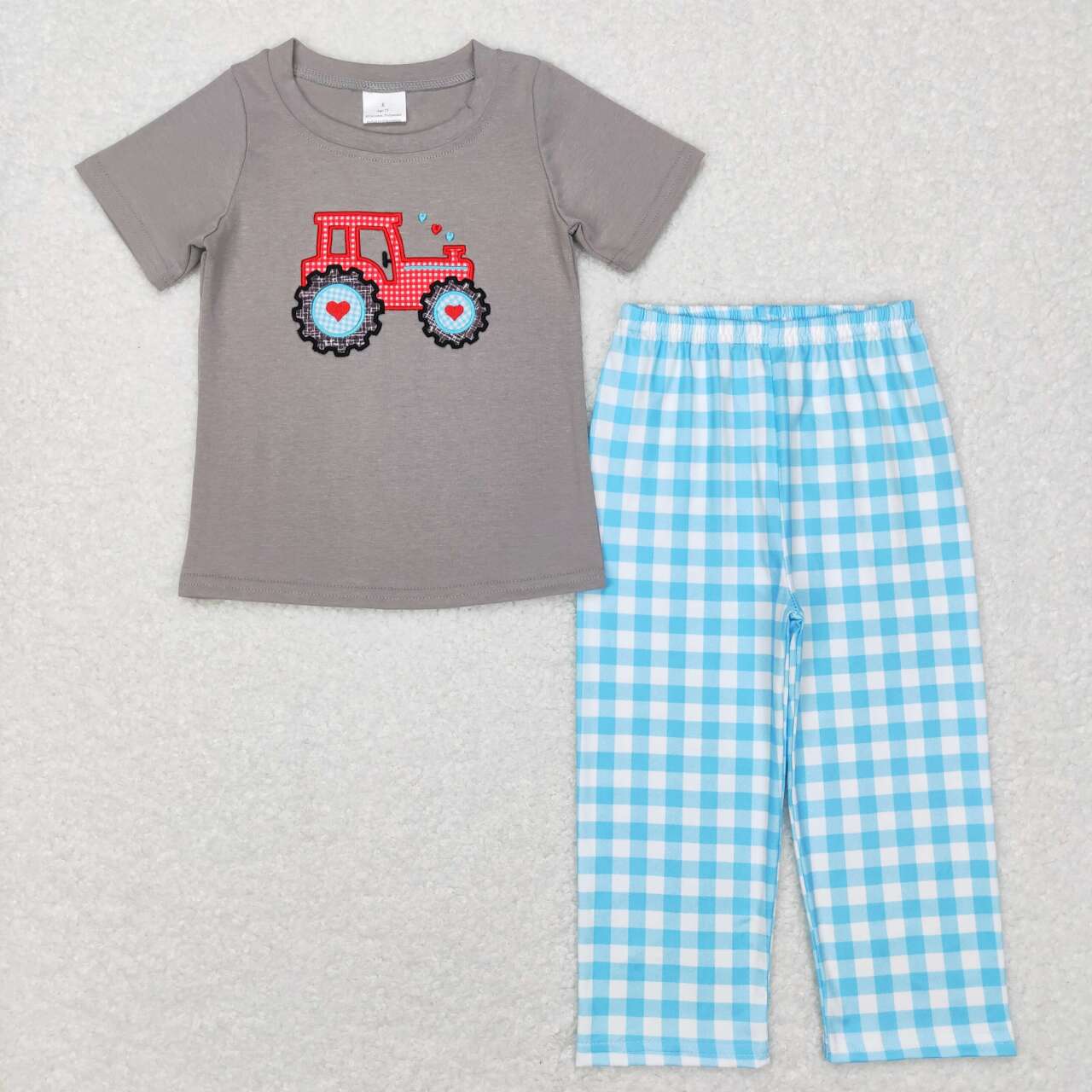 RTS NO MOQ（In Stock) BSPO0193 Embroidered love tractor short-sleeved blue and white plaid trousers suit
