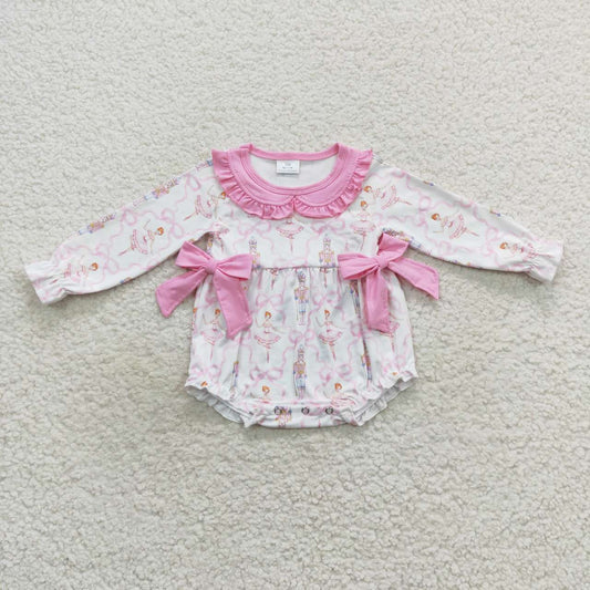 LR0586 Girls Dancing Pink Bow Collar Long Sleeve Christmas Ruffle Rompers