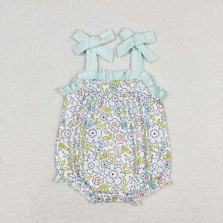 RTS Baby Girls Green Flowers Sibling Rompers Clothes Sets