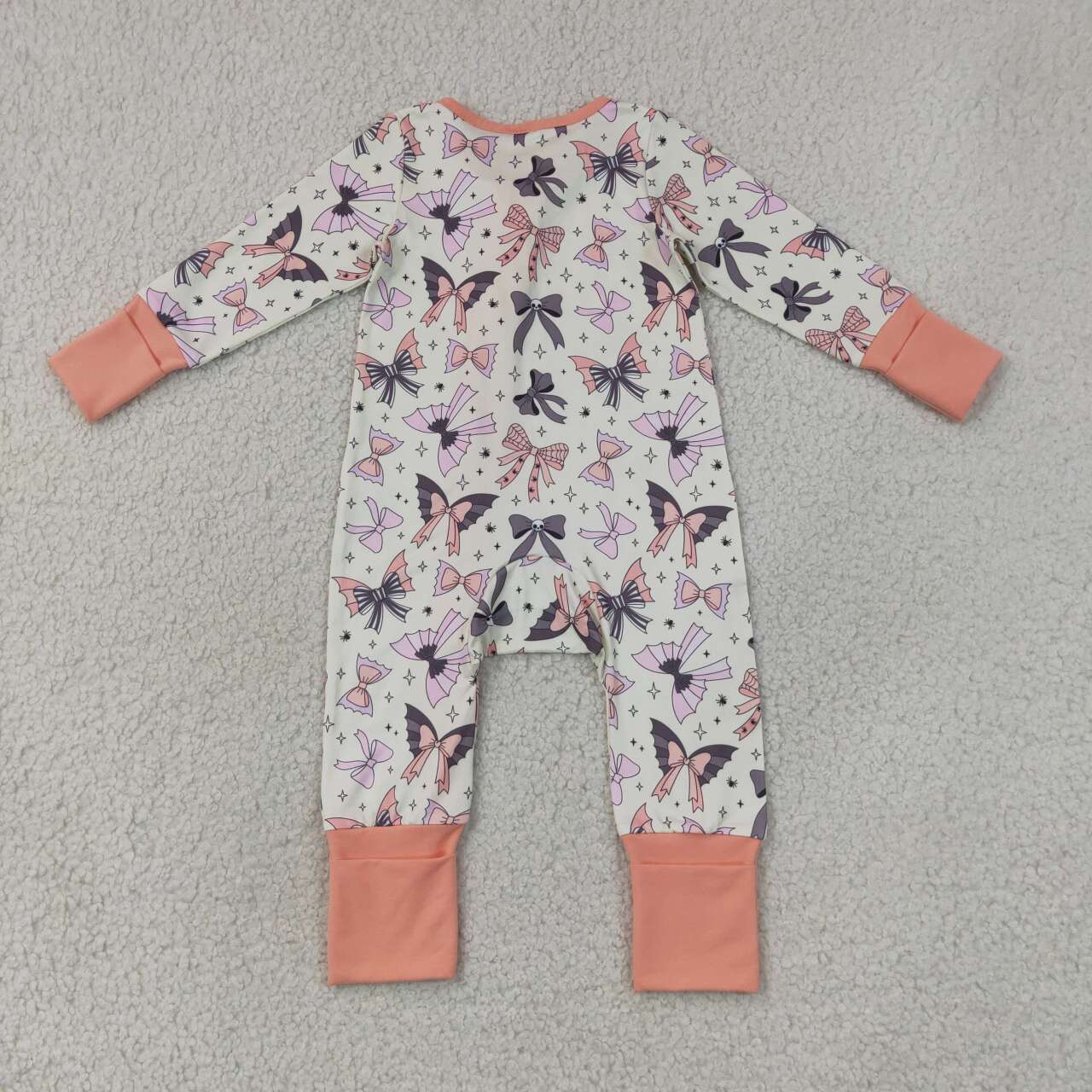 RTS NO MOQ milk silk LR3078 Baby Girls Halloween Bow Printed Long Sleeve Two Way Zip Ruffle Convertible Rompers